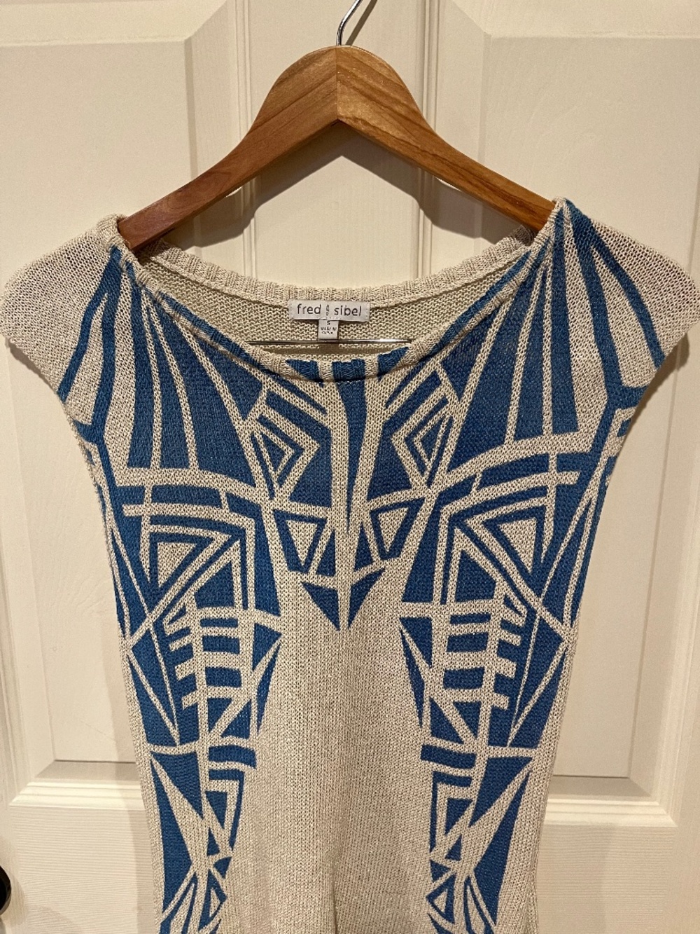 Fred & Sibel Size S Blue White Geometric Art Deco High-Low Knit Tunic Top